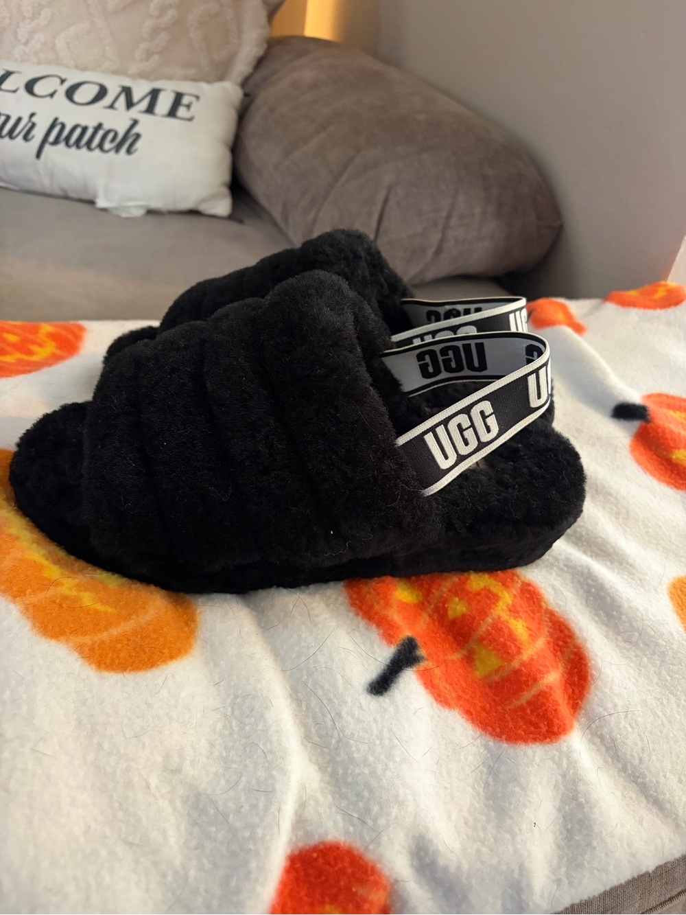 UGG Black Plush Slide with Branded Heel Strap